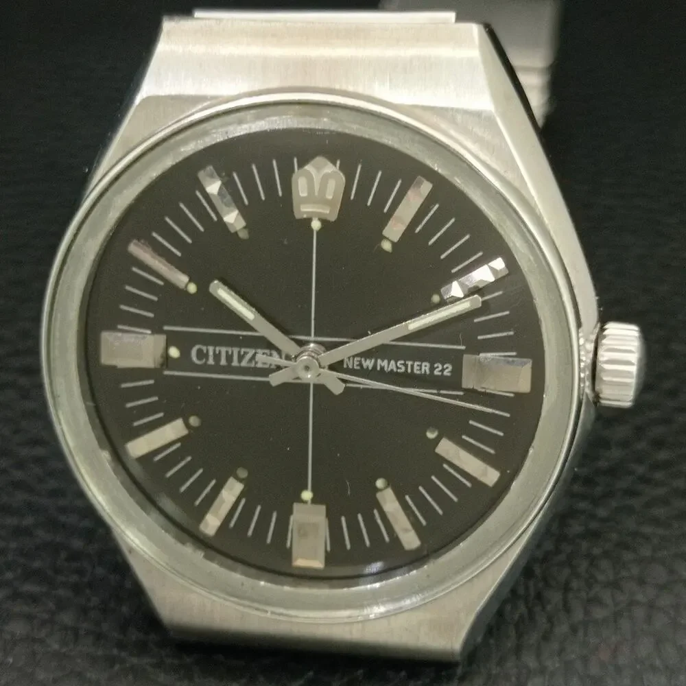 Vintage 1977 Citizen Manual Wound Mens Silver Watch & Black accents